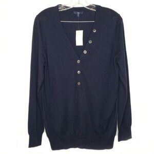 GAP Navy V-Neck Button Front Silk Blend Pullover Sweater
